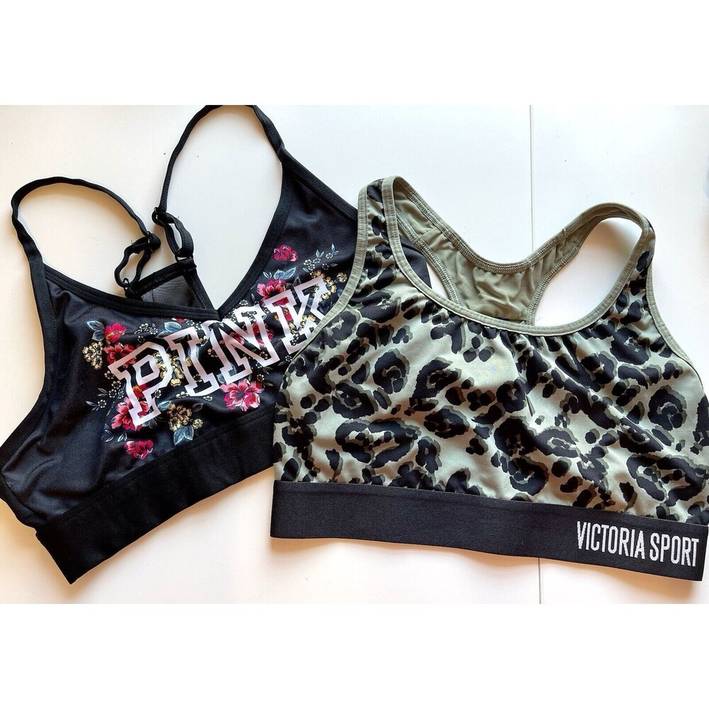 Lot Of 2 Victoria's Secret Sports Bras Women's Size S Green Leopard Pink Black